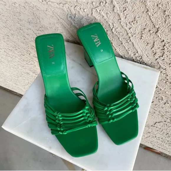 ZARA Kelly Green Strappy Open Toe Block Heel Knotted Leather Sandal Heels Sz 38