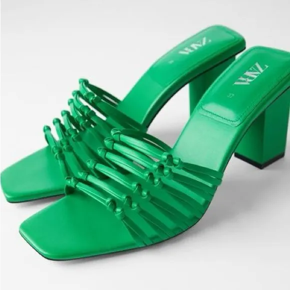 ZARA Kelly Green Strappy Open Toe Block Heel Knotted Leather Sandal Heels Sz 38