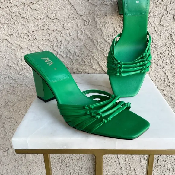 ZARA Kelly Green Strappy Open Toe Block Heel Knotted Leather Sandal Heels Sz 38