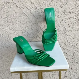 ZARA Kelly Green Strappy Open Toe Block Heel Knotted Leather Sandal Heels Sz 38
