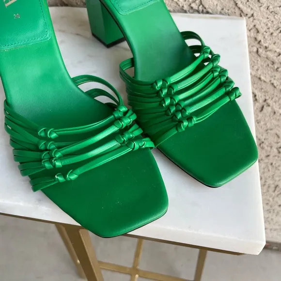 ZARA Kelly Green Strappy Open Toe Block Heel Knotted Leather Sandal Heels Sz 38