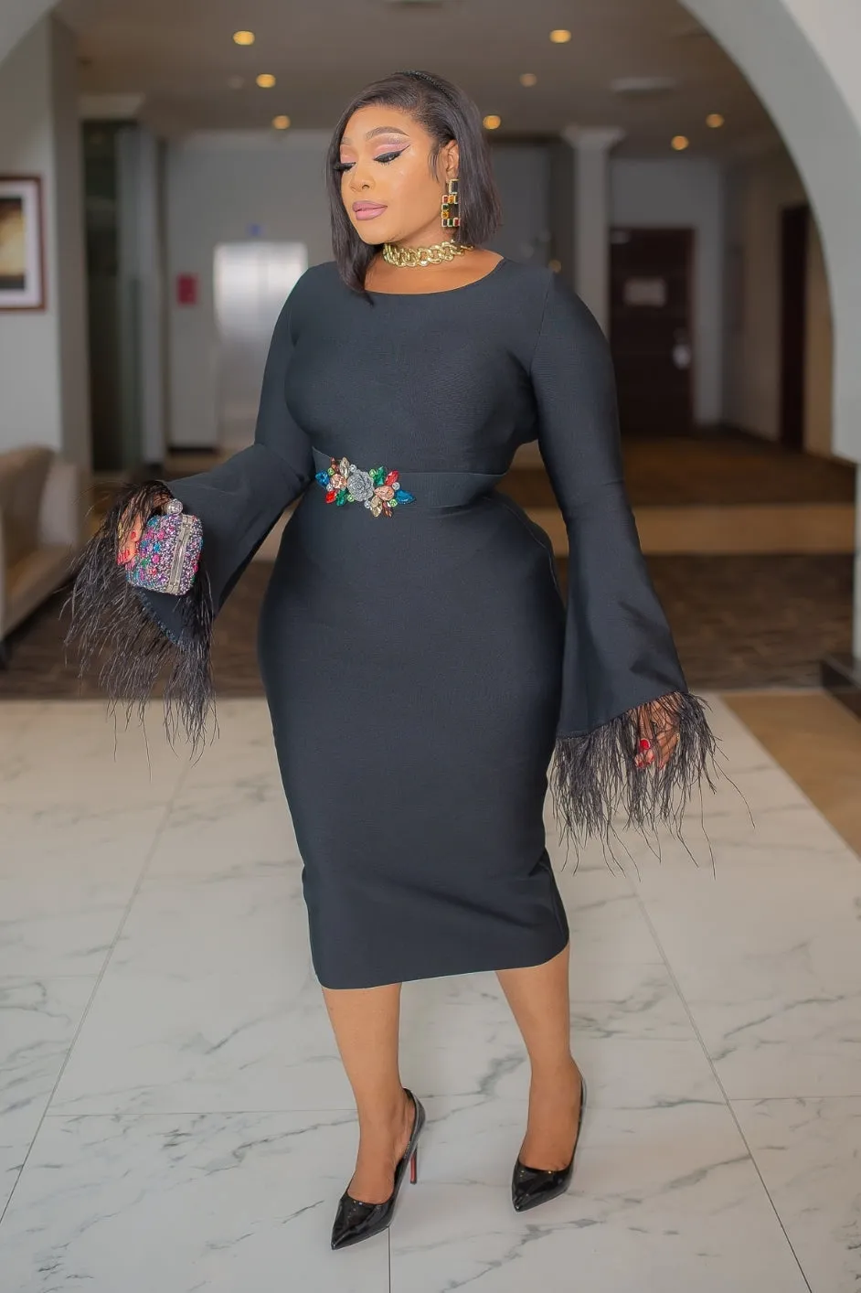Zipporah- Feathers Galore Long Sleeve Bandage Dress (NEW)