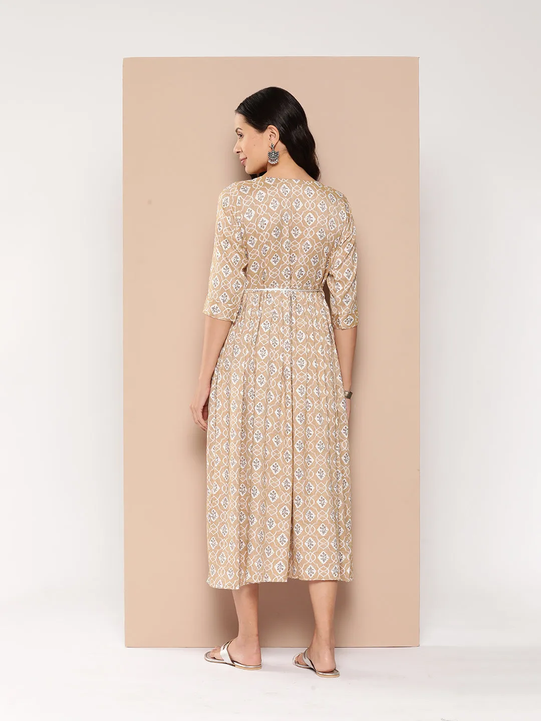 ZOLA Exclusive Round Neck Rayon All Over Ethnic Print Fawn Fit & Flare Ethnic Dress For Women