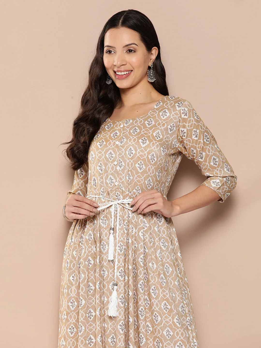 ZOLA Exclusive Round Neck Rayon All Over Ethnic Print Fawn Fit & Flare Ethnic Dress For Women