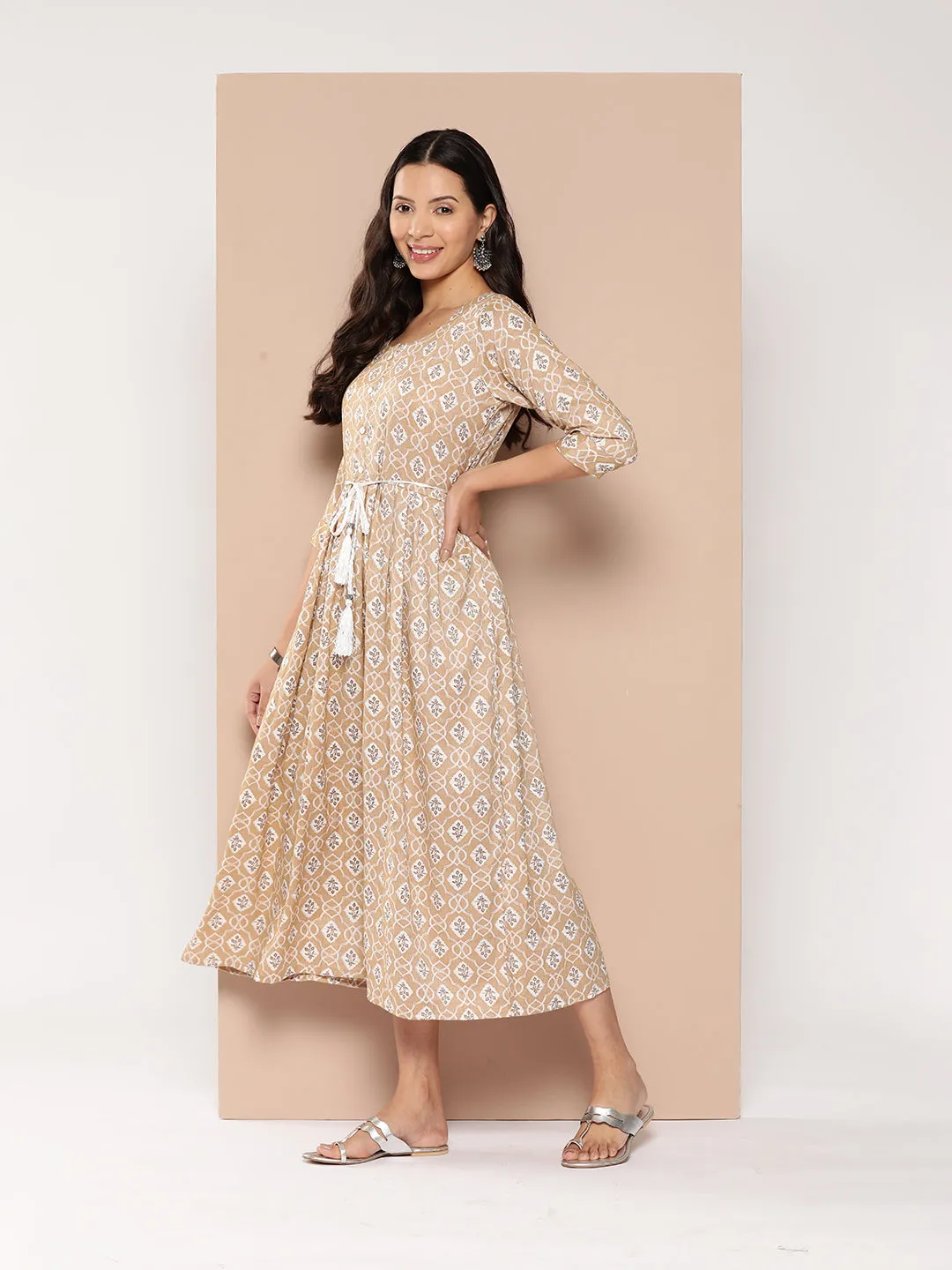 ZOLA Exclusive Round Neck Rayon All Over Ethnic Print Fawn Fit & Flare Ethnic Dress For Women