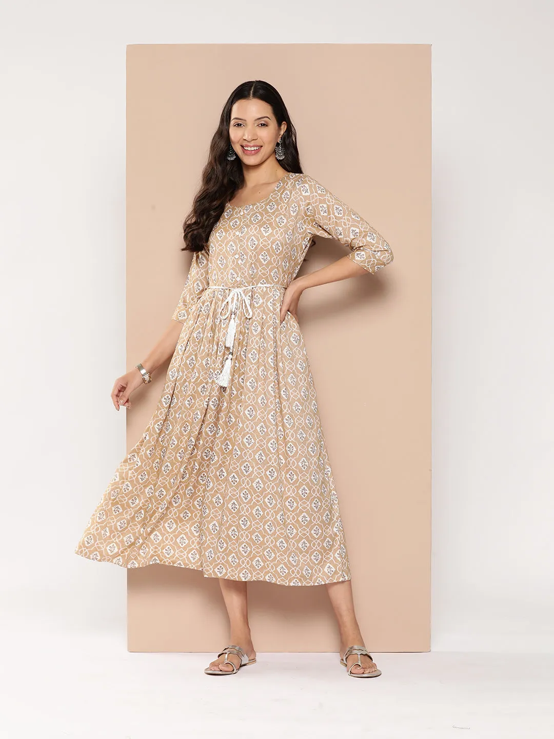 ZOLA Exclusive Round Neck Rayon All Over Ethnic Print Fawn Fit & Flare Ethnic Dress For Women