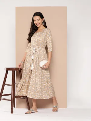 ZOLA Exclusive Round Neck Rayon All Over Ethnic Print Fawn Fit & Flare Ethnic Dress For Women